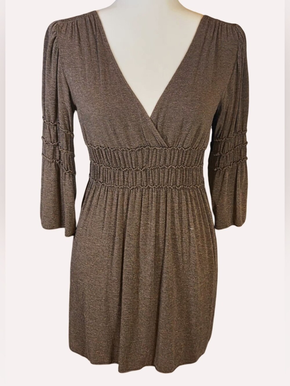 Y2K Max Studio Chocolate Brown Smocked V-Neck Tunic Top Size XS
